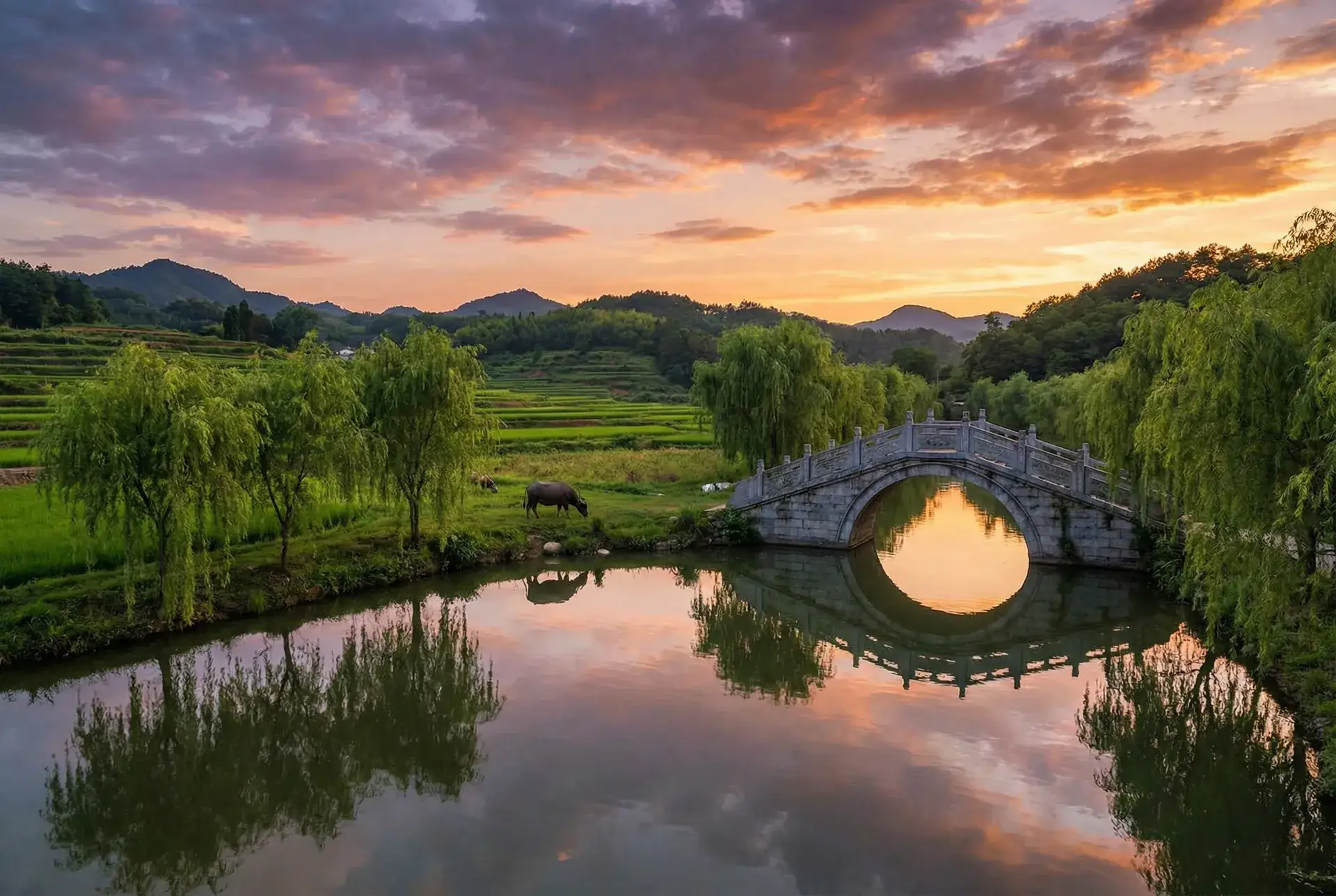 夕阳下的石拱桥与垂柳，水牛在河边吃草 - 深圳合租记全集 乡村美景